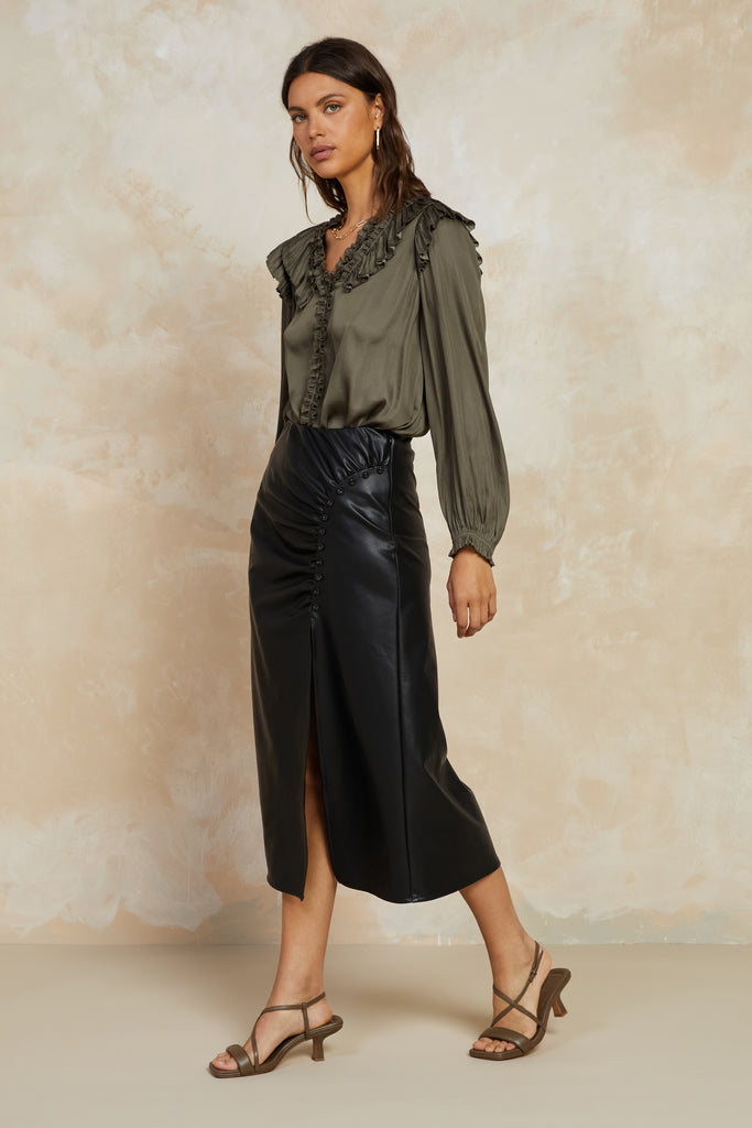 Faux Leather Slit Midi Skirt