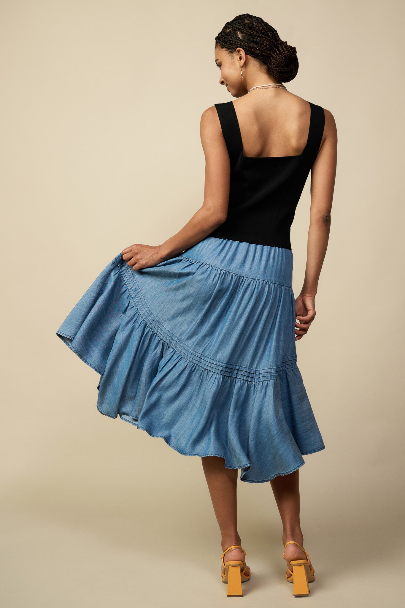 Chambray Tiered Midi Skirt