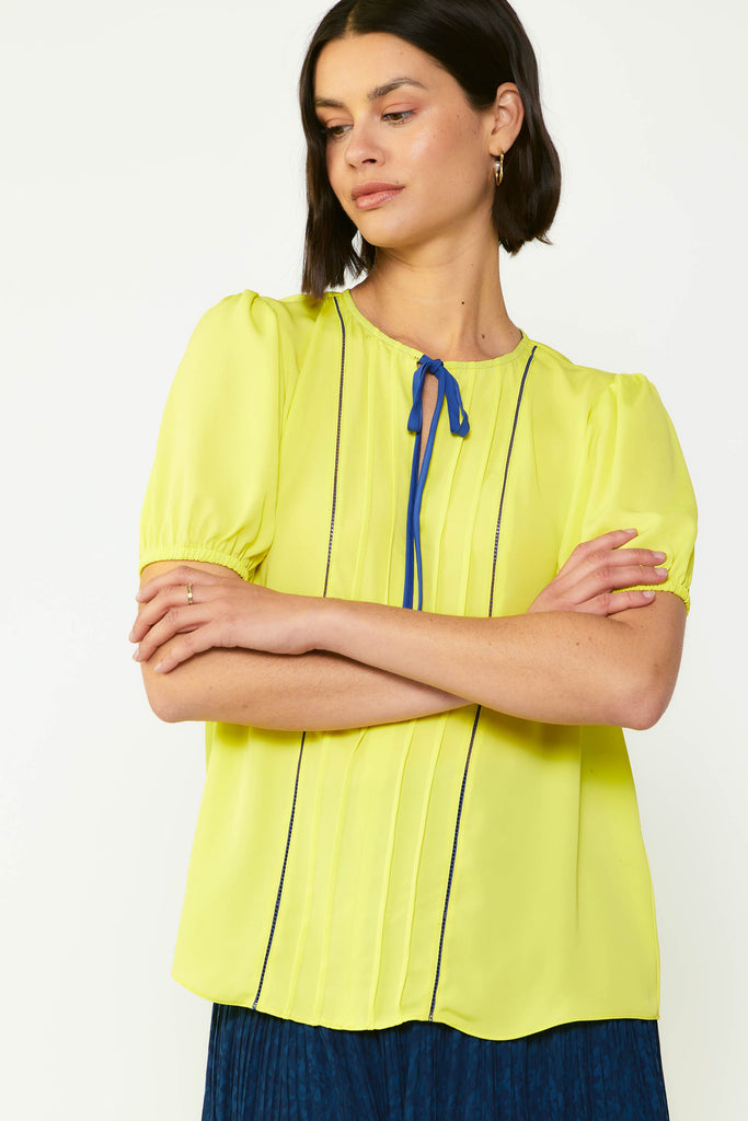 Contrast Trim Pintucked Blouse